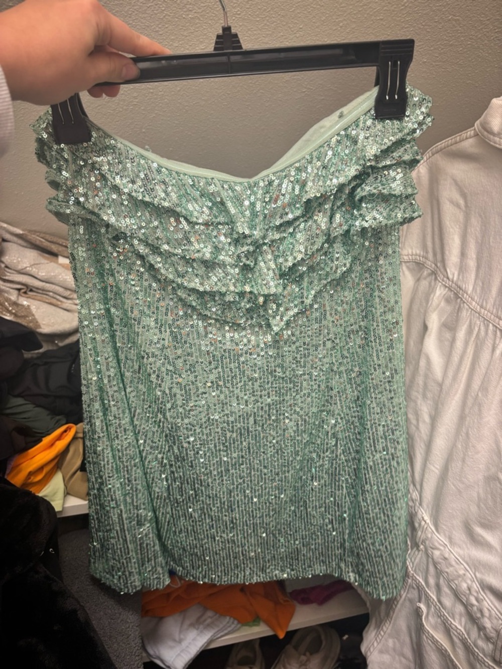 Free People Mint Green Sequin Ruffled Strapless Dress